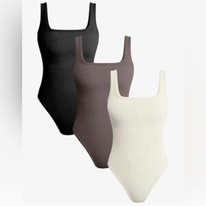 3 Pack Ribbed Bodysuits Black Cream Brown Square Neck Tank
